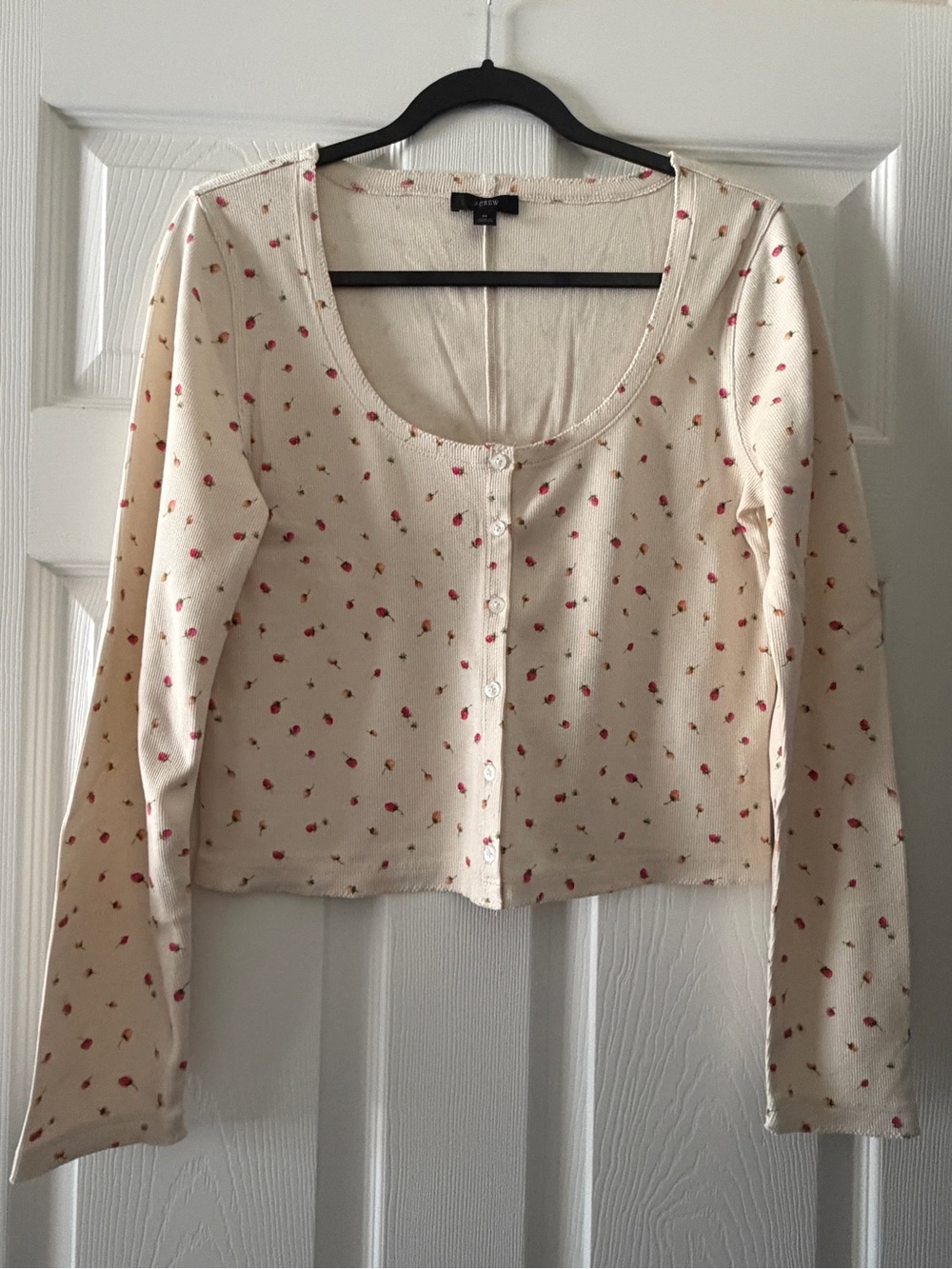 J. Crew Cream Floral Button-Front Scoop Neck Cropped Cardigan Top